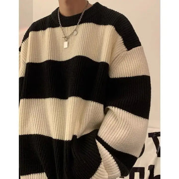 Riolio Korean style patchwork striped sweater for men in autumn and winter lazy loose knitted sweater round neck retro trendy sweater
